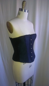 Laughing Moon Mercantile pattern #100 corset made in polyester jacquard with velvet and ruffle trim