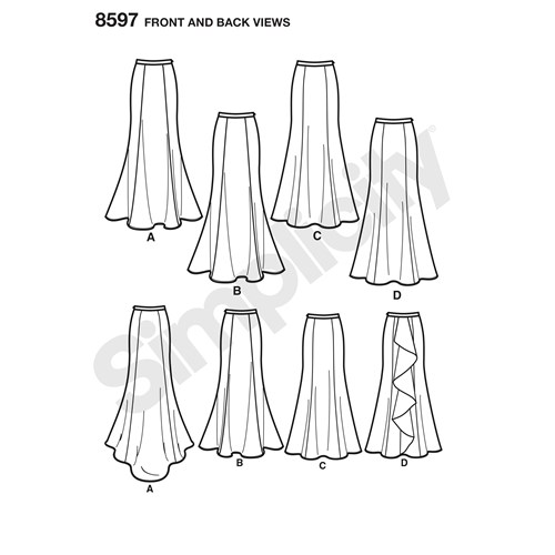 simplicity-mermaid-skirt-pattern-8597-front-back-view